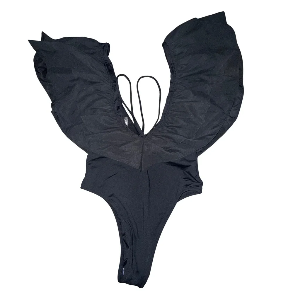 NWT. ZARA Black Ruffle One Piece‎ Deep V Neck Swimsuit Small - Picture 6 of 6
